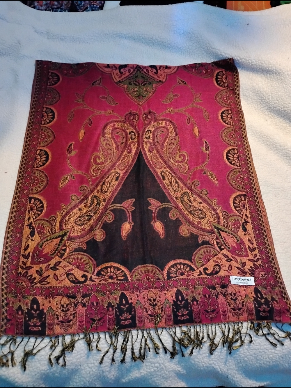 Paisley Fringe Pashmina Scarf/Shawl with Reversible Fushia and Black Motif